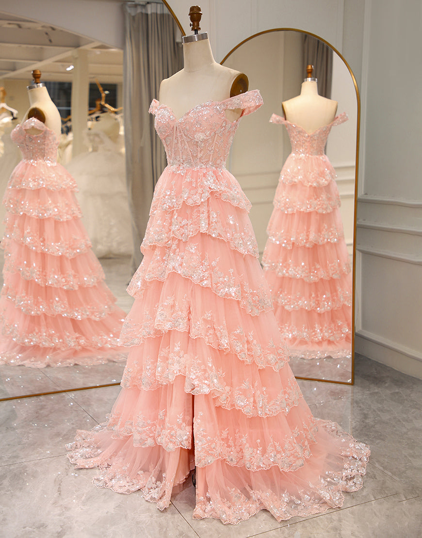Princess A Line Off the Shoulder Pink Long Prom Dress with Appliques