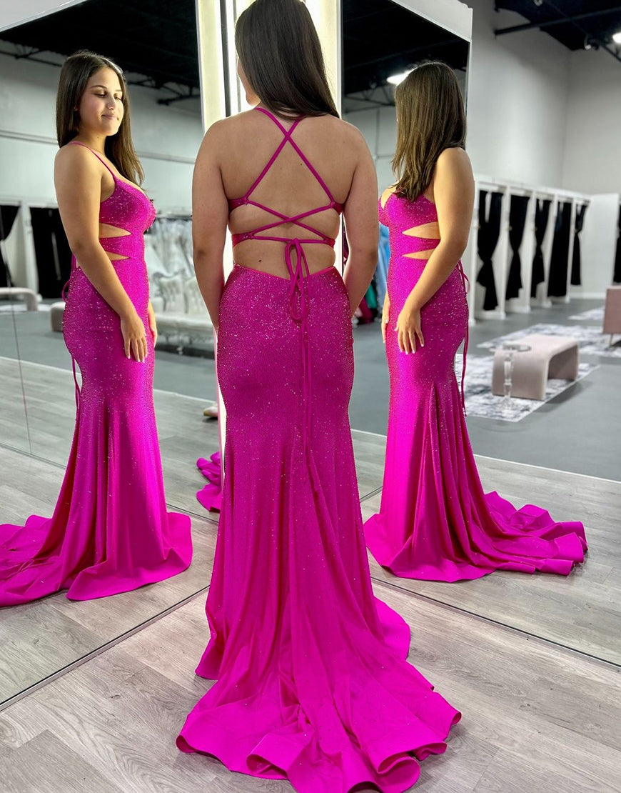A-Line V-Neck Sweep Train Fuchsia Prom Dress with Beading Pockets  cg7629 main image 1