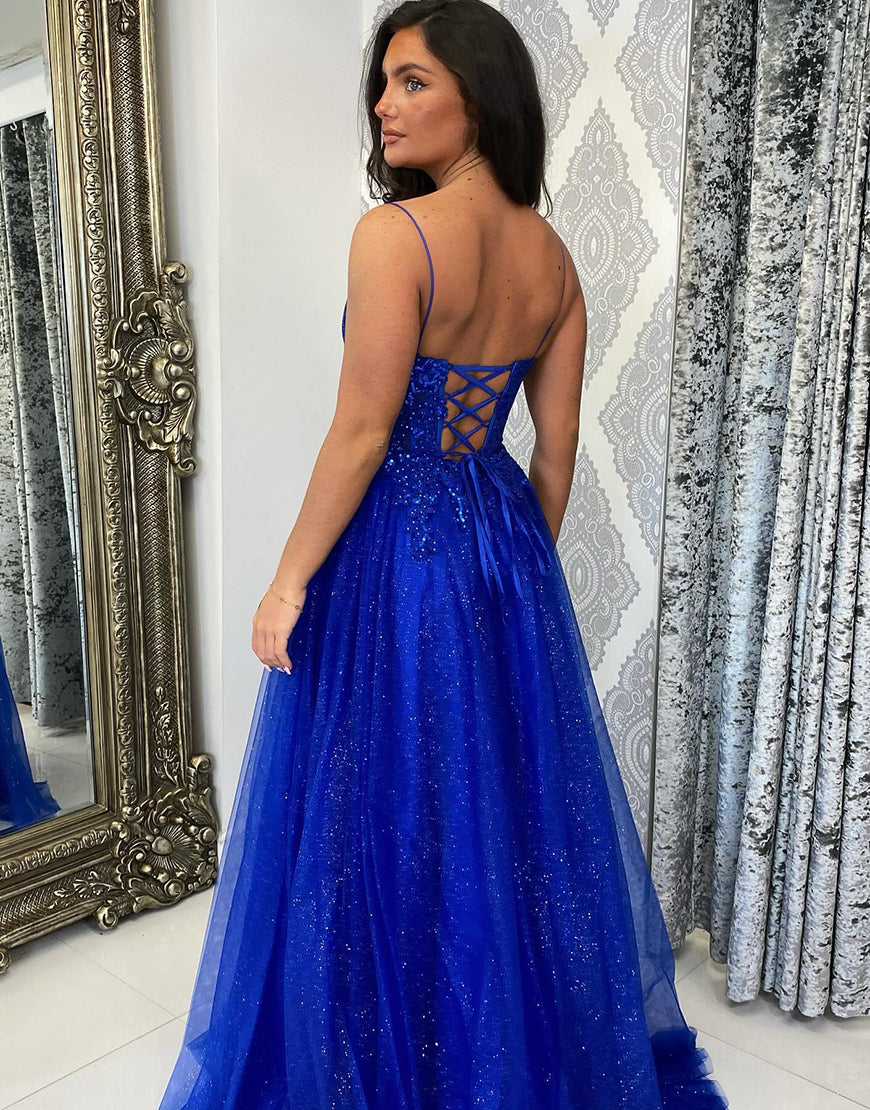 V Neck Spaghetti Straps Backless Royal Blue Sequin Long Prom Dress