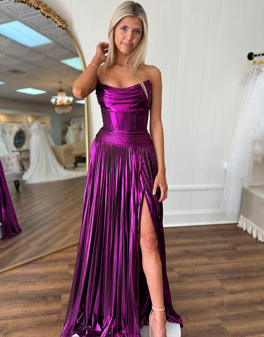 Chic Purple Straight Across Sleeveless Pleated Split Prom Dress main image 1