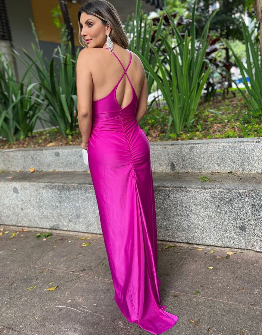 Fuchsia High Slit Formal Prom Dress with Ruched Open Back SH816 main image 0