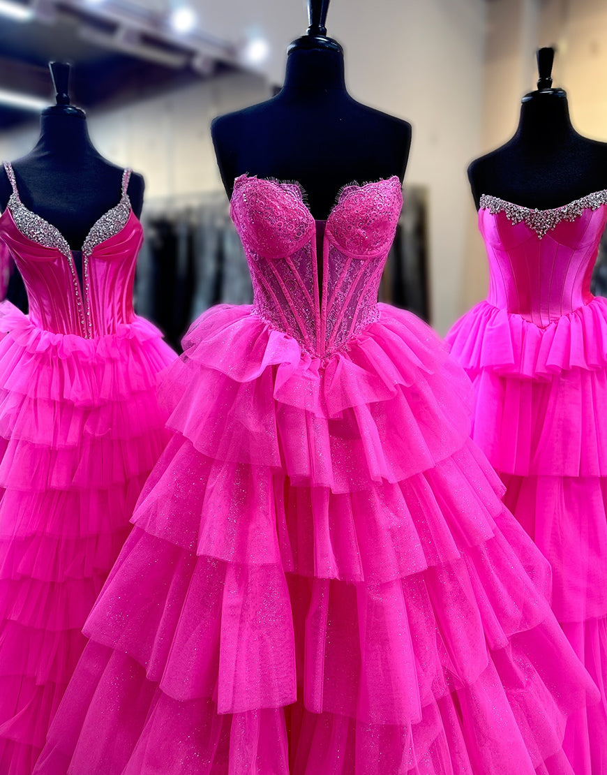 Rozara | Fuchsia A-Line Sweetheart Keyhole Tiered Tulle Long Prom Dresses main image 0