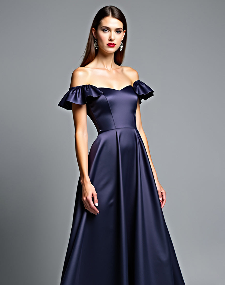 Off the Shoulder Stretch Satin Sweep Train Dress Dark Navy main image 1