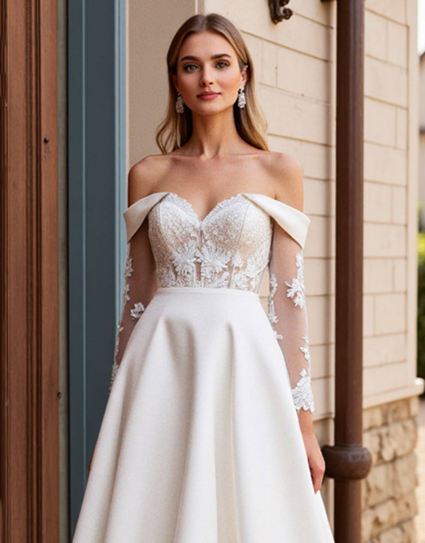 Ivory Lace A Line Off the Shoulder Wedding Dress