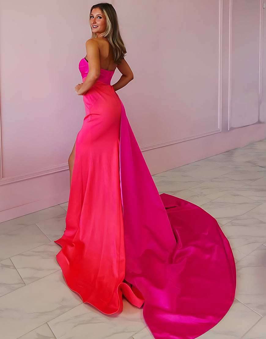 Fuchsia Strapless Evening Dress With Puff Sleeves & Split for Special Occasions