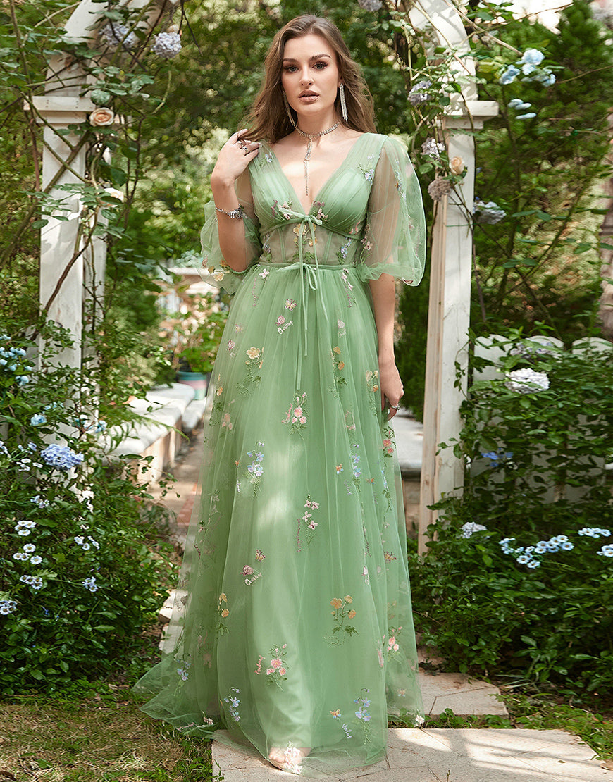 V-neck A-line Lace Appliqued Floor-length Dress Emerald