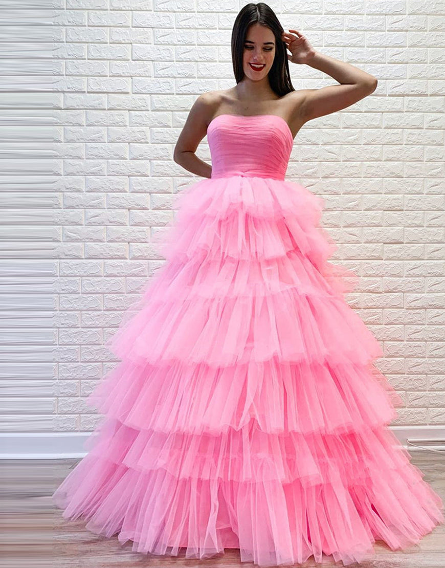 Pretty Ball Gown Strapless Pink Tulle l Sleeveless Long Prom Dresses Evening Dresses HZ1214 main image 0