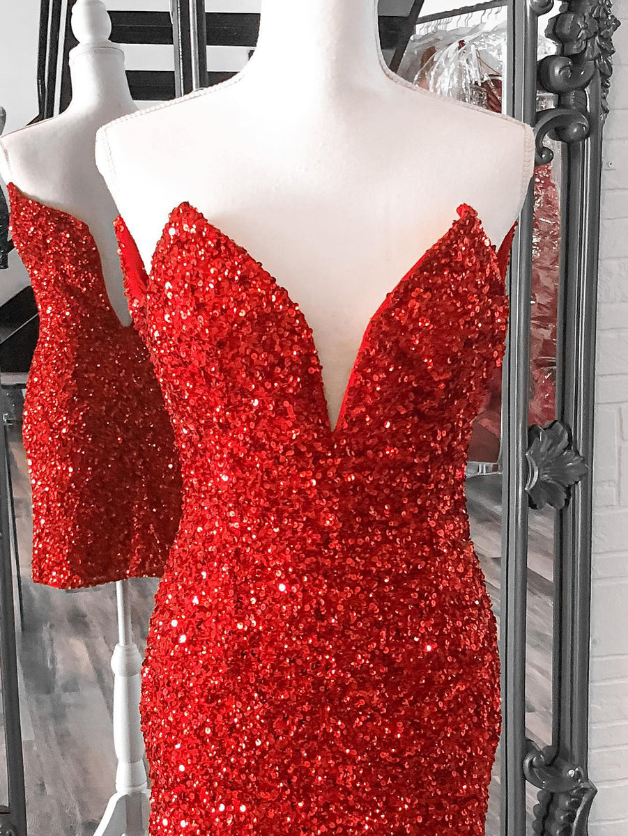 Dressself Women Red Dress V Neck Sequin Strapless Short