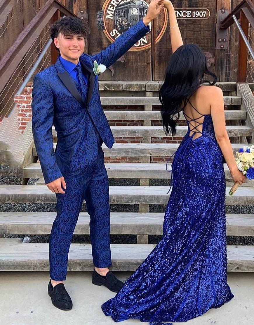 Men's Blue Floral Wedding Singer Prom Suit