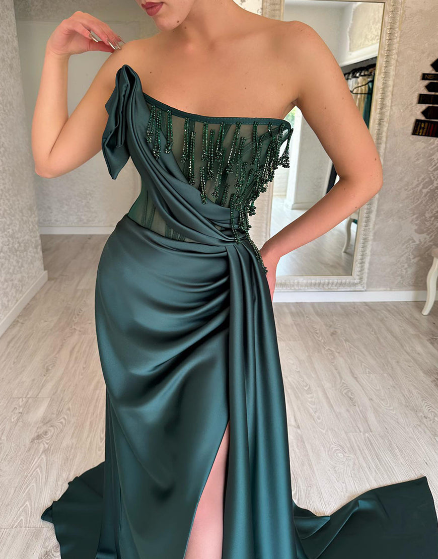 Sexy Dark Green Satin Sweetheart Sleeveless Mermaid Long Prom Dresses,SFPD0457 main image 0