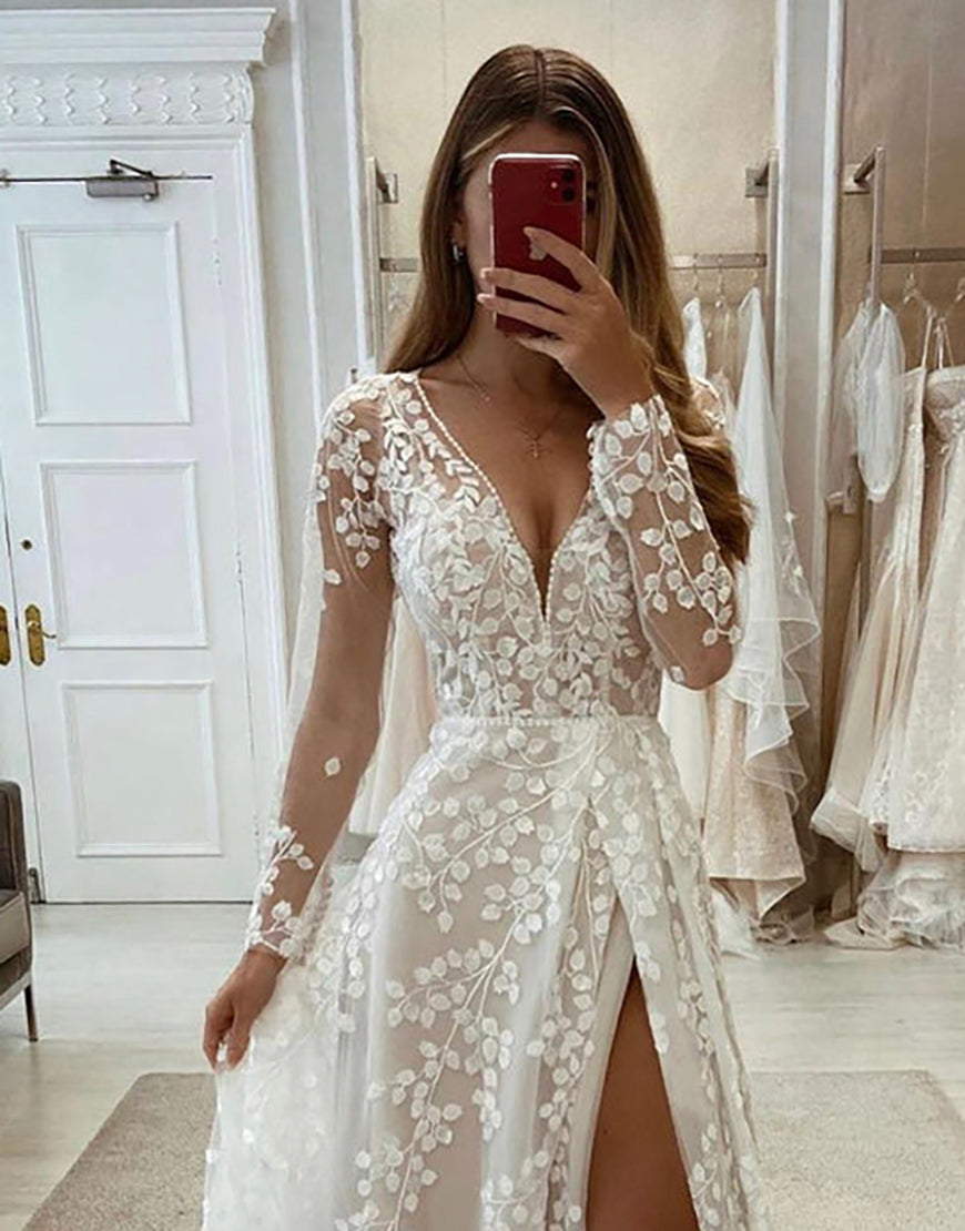 V Neck Long Sleeve Split Dress