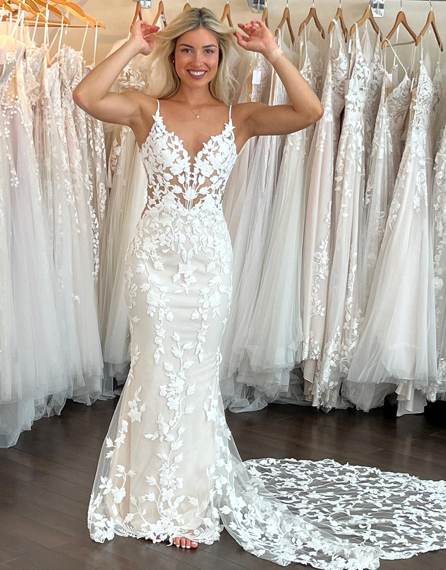 Wholesa Mermaid Spaghetti Straps Backless Court Train White Wedding Dress main image 0