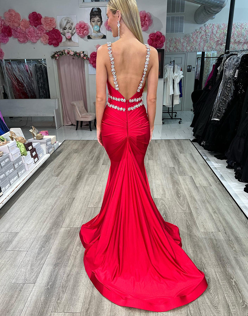 Red Mermaid One Shoulder Backless Satin Long Prom Dress