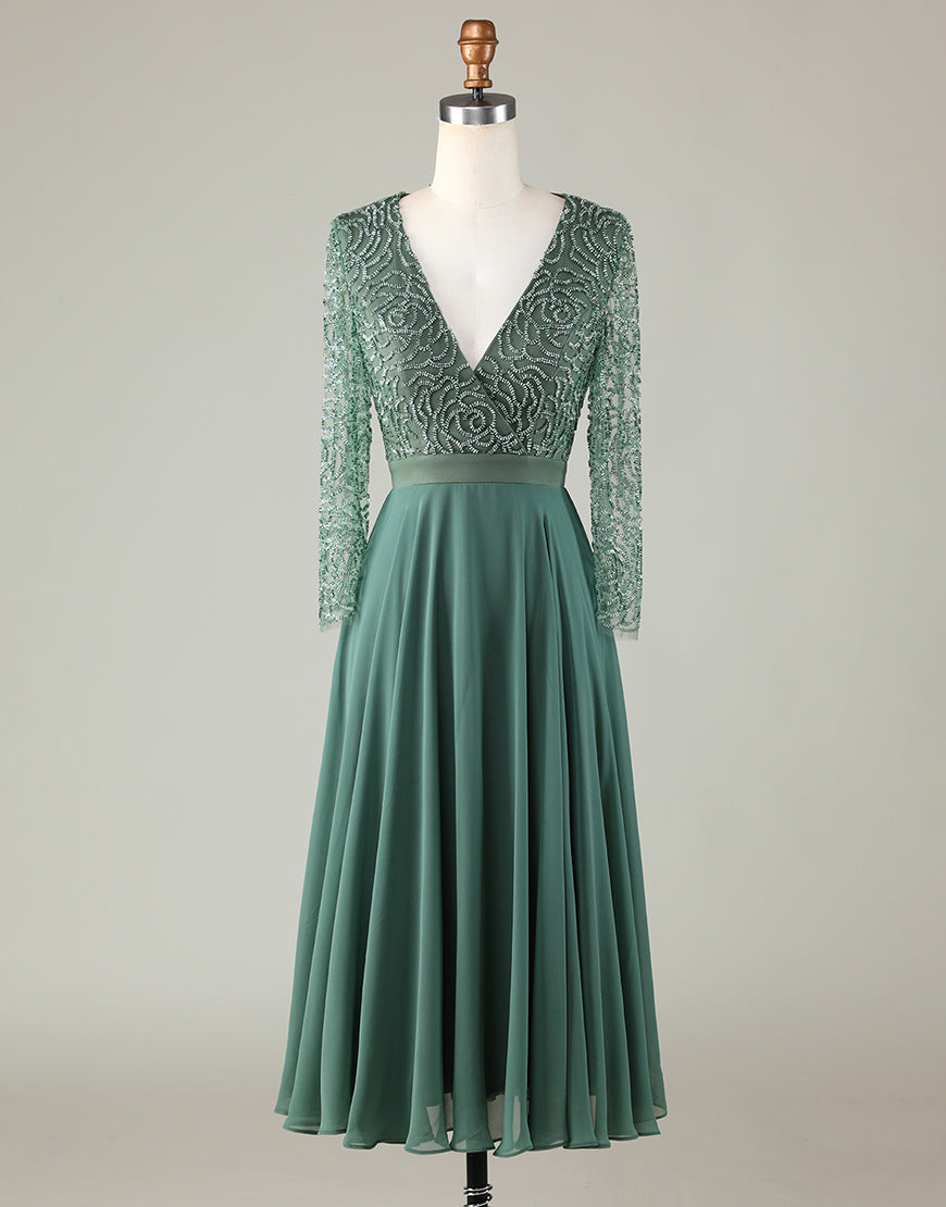Eucalyptus A Line V-Neck Ruffled Long Bridesmaid Dress with Slit main image 0