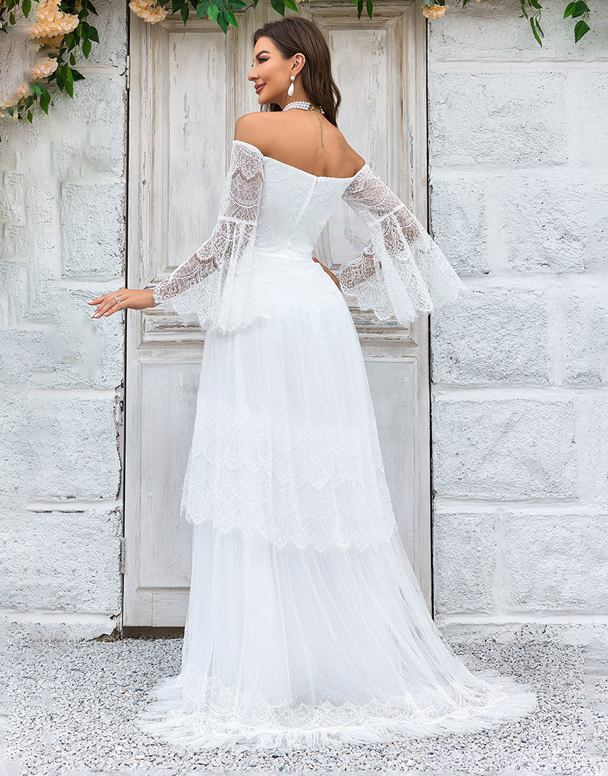 Ivory A Line Tiered Sweep Train Wedding Dress With Slit