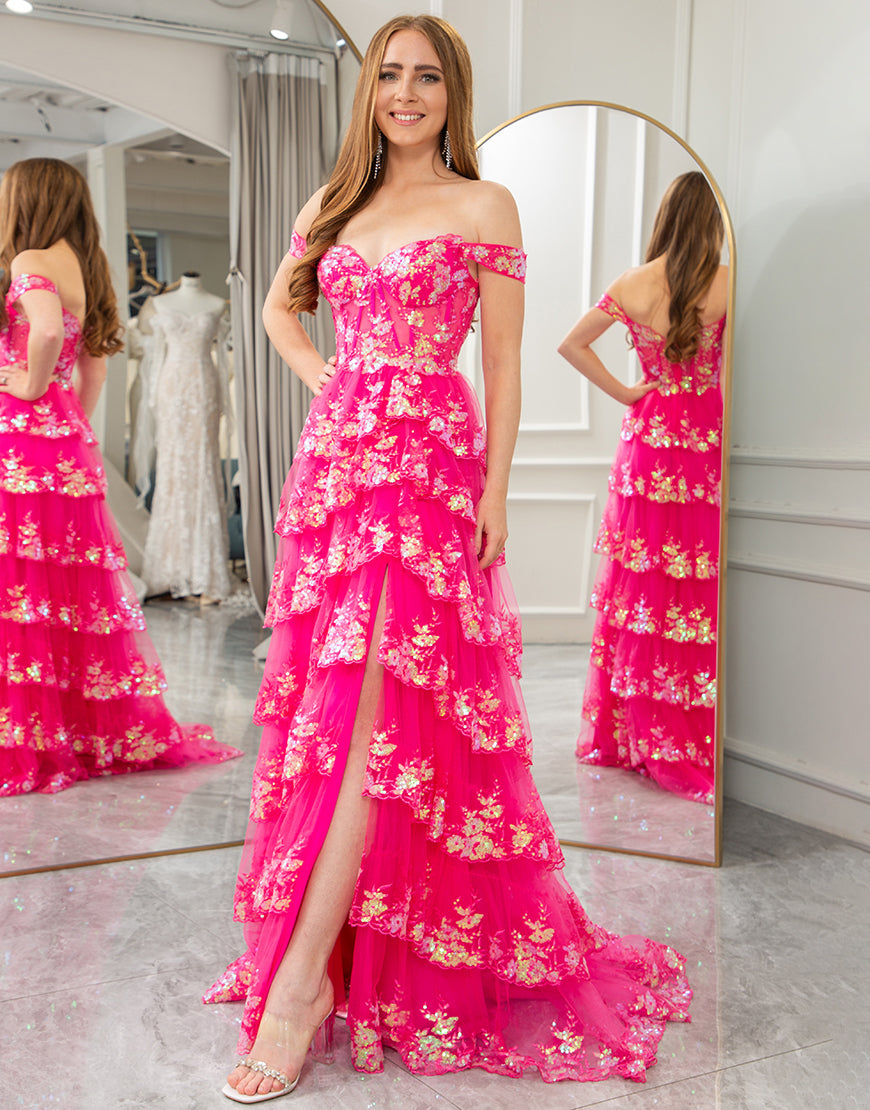 Off the Shoulder Fuchsia Appliques Mermaid Formal Dress