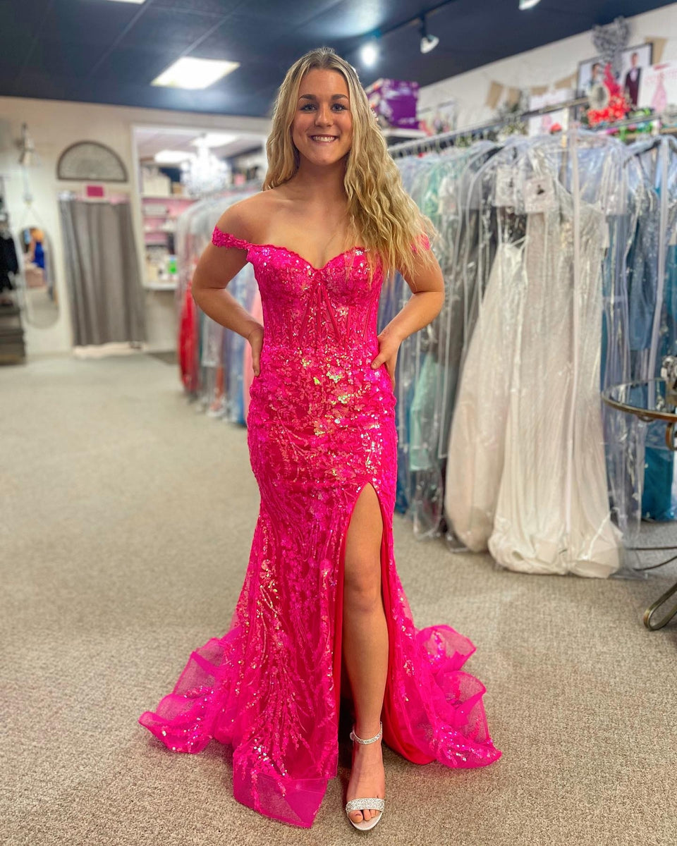 Off-The-Shoulder Mermaid Prom Dress with Slit Fuchsia Plus Size
