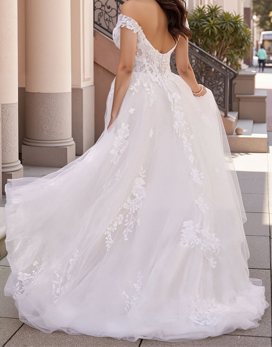 Dressself Women Ivory Corset Wedding Dress Off the Shoulder A Line ...