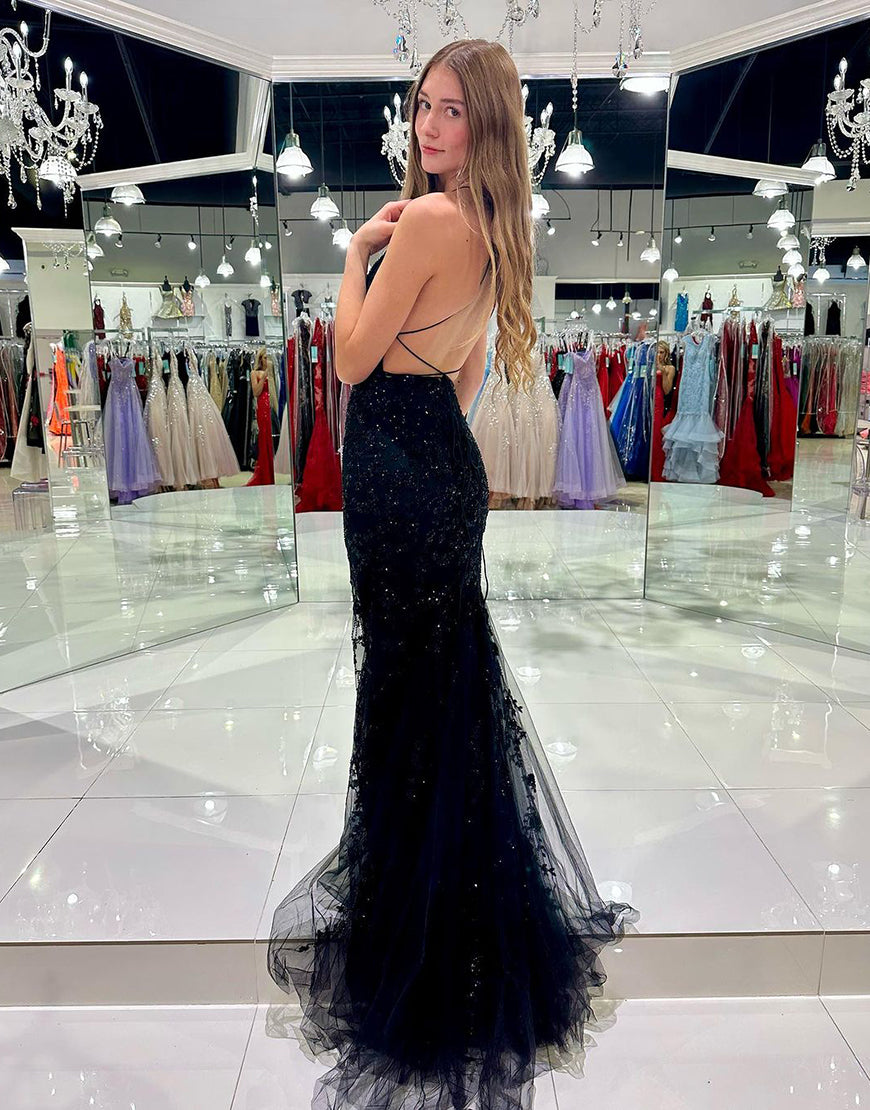 Black Mermaid Long Sleeves Tulle Applique Long Prom Dresses, SG161