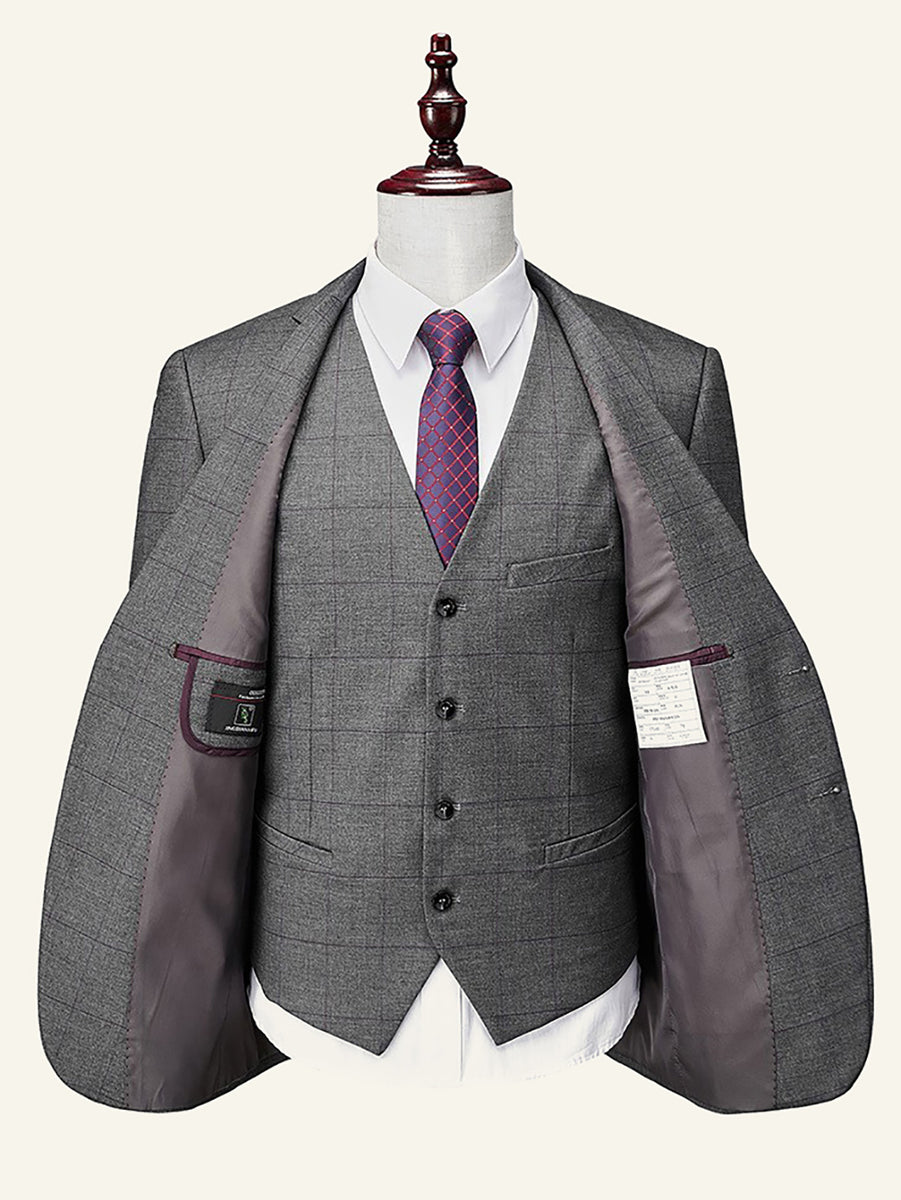Dark Grey Men's Wedding Plaid Checkered Tailored Fit Single Breasted Suits 3 Piece