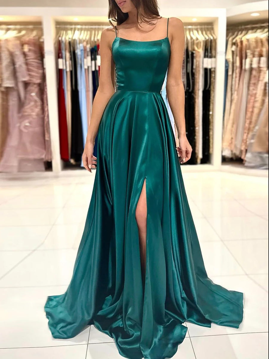 Dark Green Formal Dresses High Low A Line Knee Length Spaghetti Straps Stretch Satin Formal Dress