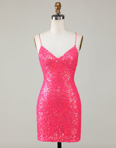 Sparkly Hot Pink Backless Tight Homecoming Dress with Sequins