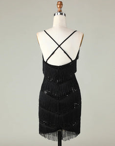 Black V Neck Sparkly Homecoming Dress With Tassel