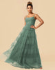 A-Line Spaghetti Straps Floor Length Chiffon And Tulle Bridesmaid Dress