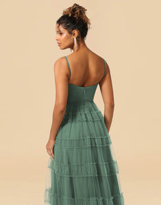 A-Line Spaghetti Straps Floor Length Chiffon And Tulle Bridesmaid Dress