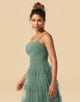 A-Line Spaghetti Straps Floor Length Chiffon And Tulle Bridesmaid Dress