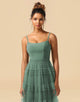 A-Line Spaghetti Straps Floor Length Chiffon And Tulle Bridesmaid Dress