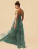 A-Line Spaghetti Straps Floor Length Chiffon And Tulle Bridesmaid Dress