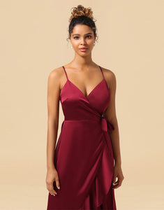 Burgundy Spaghetti Straps Asymmetrical Bridesmaid Dress