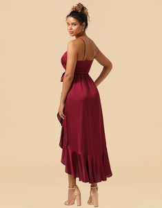 Burgundy Spaghetti Straps Asymmetrical Bridesmaid Dress