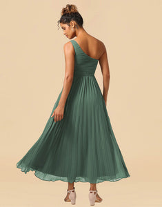A-Line One Shoulder Tea Length Chiffon Bridesmaid Dress