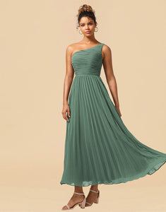 A-Line One Shoulder Tea Length Chiffon Bridesmaid Dress