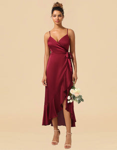 Burgundy Spaghetti Straps Asymmetrical Bridesmaid Dress
