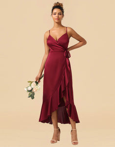 Burgundy Spaghetti Straps Asymmetrical Bridesmaid Dress