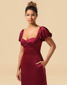 Length Puff Sleeves Satin Bridesmaid Dresses With Split