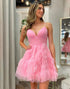 Pink Spaghetti Straps Open Back Tulle Homecoming Dress