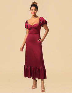 Length Puff Sleeves Satin Bridesmaid Dresses With Split