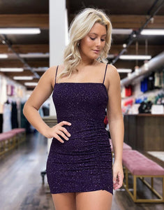 Dark Purple Sparkly Spaghetti Straps Bodycon Homecoming Dress