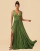 A-Line Deep V-neck Floor Length Spandex Bridesmaid Dress with Split