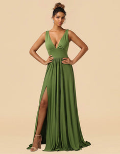 A-Line Deep V-neck Floor Length Spandex Bridesmaid Dress with Split