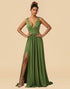 A-Line Deep V-neck Floor Length Spandex Bridesmaid Dress with Split