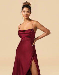 Satin Spaghetti Straps Lace Up Bridesmaid Dresses With Pockets