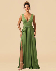 A-Line Deep V-neck Floor Length Spandex Bridesmaid Dress with Split