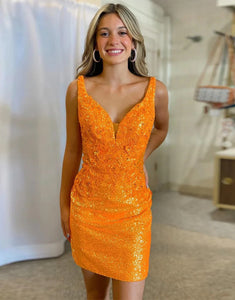 Orange Tight Short Homecoming Dress with Appliques