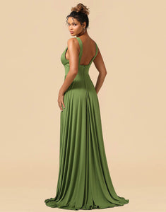 A-Line Deep V-neck Floor Length Spandex Bridesmaid Dress with Split