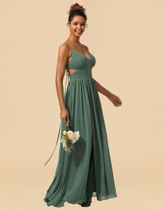 Eucalyptus A-Line Spaghetti Straps Floor Length Chiffon Bridesmaid Dress with Split